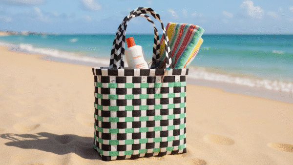 Bolso rígido de zunchos reciclados (negro-blanco-verde)