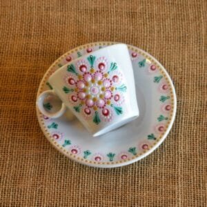 Taza de té porcelana c/plato mandala rosa
