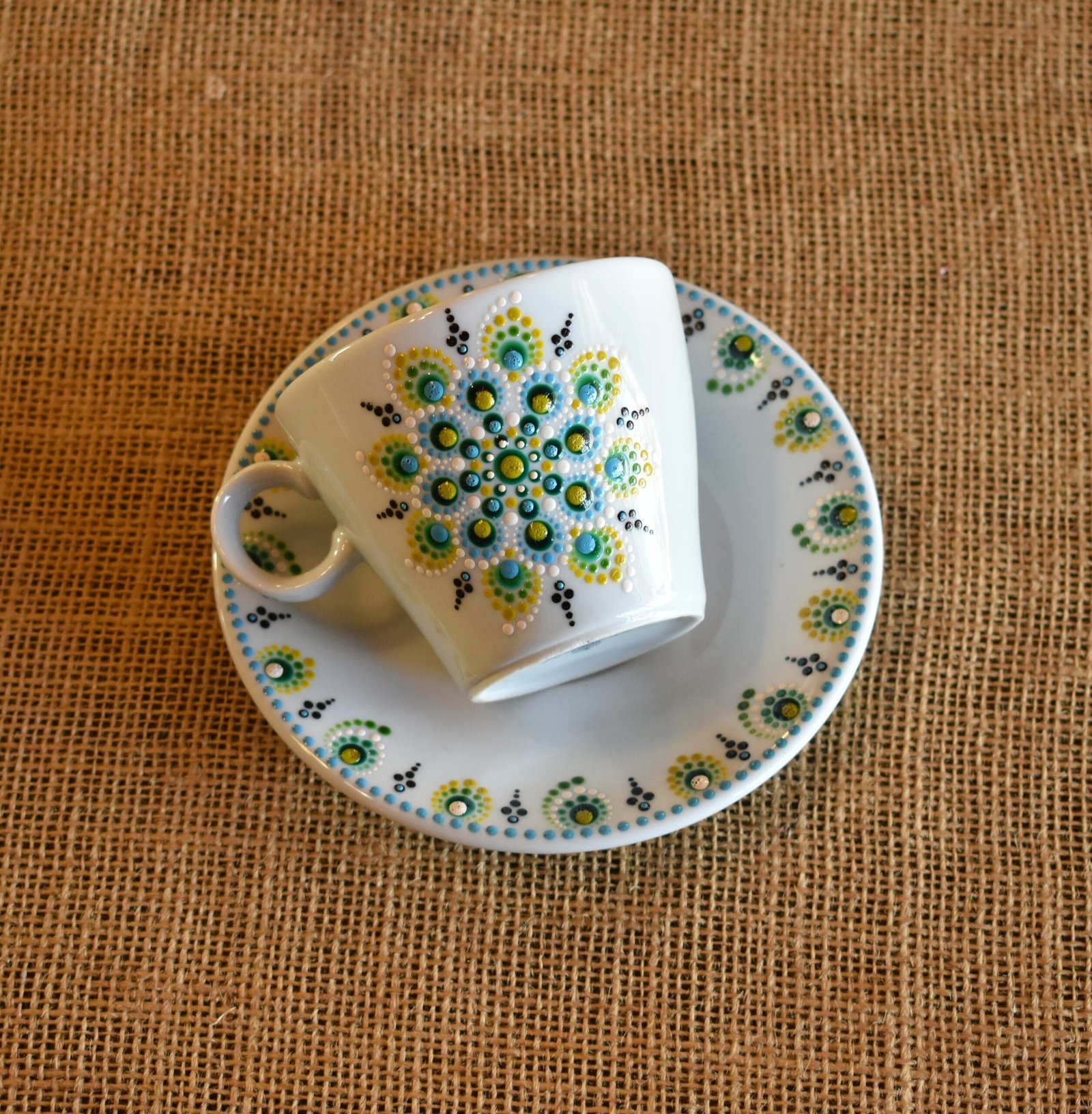 Taza de té porcelna c/plato mandala verde/celeste