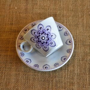 Taza de té porcelana c/plato mandala lila