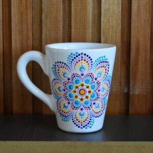 Taza cerámica blanca mandala multicolor