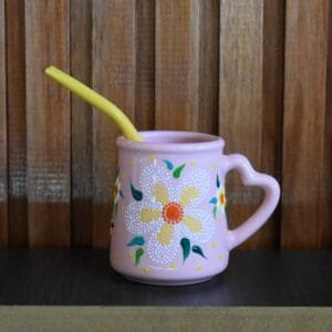 Mate cerámica rosa flores blancas