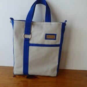 Bolso «Petit» con manija y bandolera beige y azul