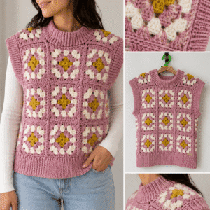 Chaleco tejido a crochet con grannies en colores rosa, mostaza y crudo. Lana Merino sedificada. Talle M