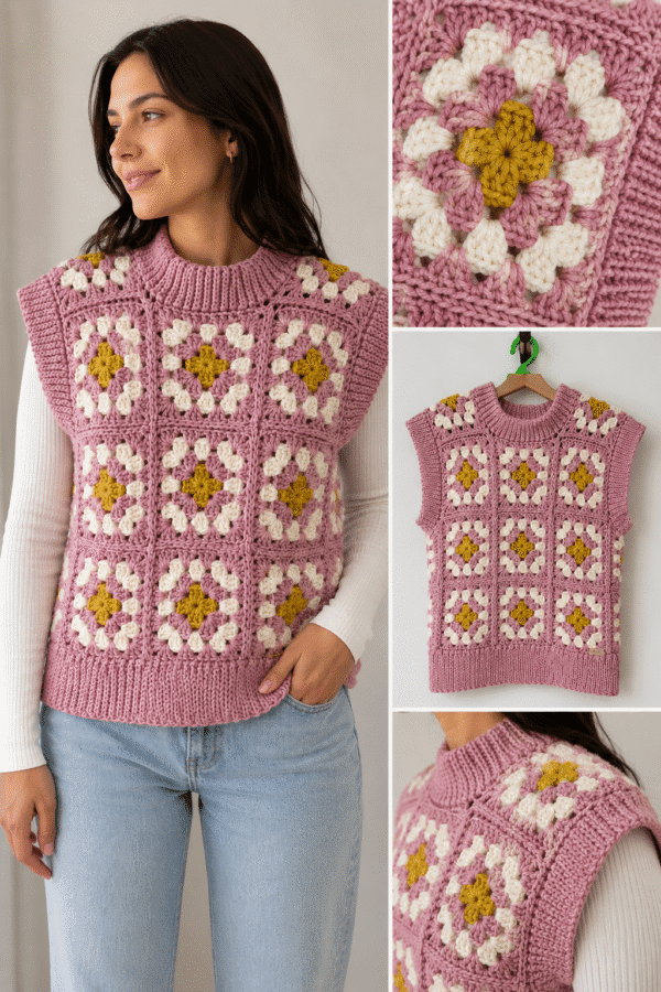 Chaleco tejido a crochet con grannies en colores rosa, mostaza y crudo. Lana Merino sedificada. Talle M