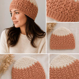 Gorro tejido a mano en lana Merino sedificada colores combinados: crudo, rosa y beige. Tamaño S/M