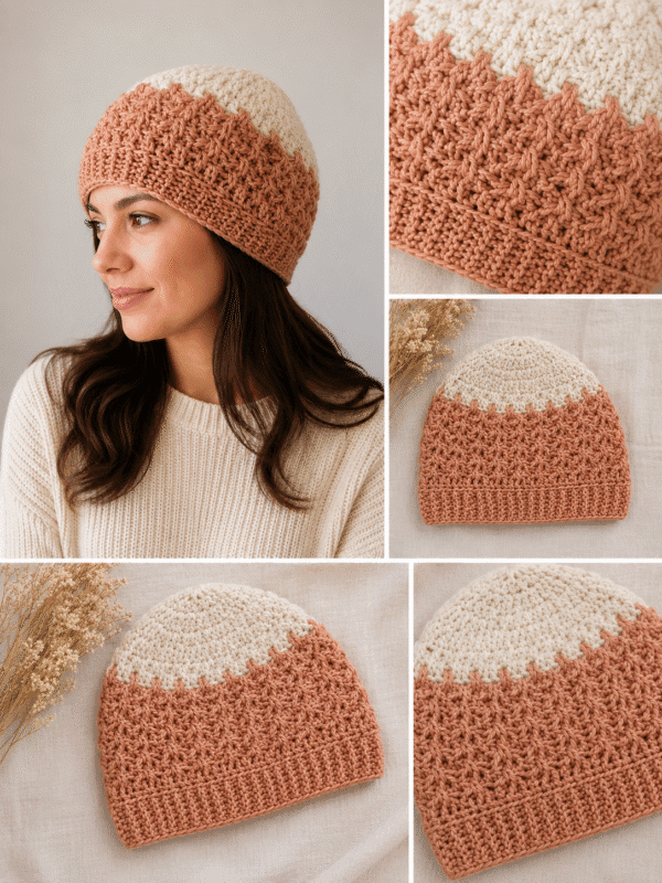 Gorro tejido a mano en lana Merino sedificada colores combinados: crudo, rosa y beige. Tamaño S/M