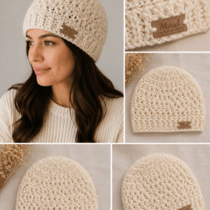 Gorro tejido a mano en lana Merino sedificada color crudo