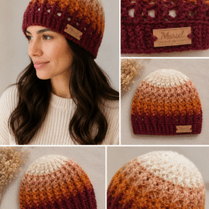 Gorro tejido a mano en lana Merino sedificada color combinados en bordo , mostaza, crudo y rosa