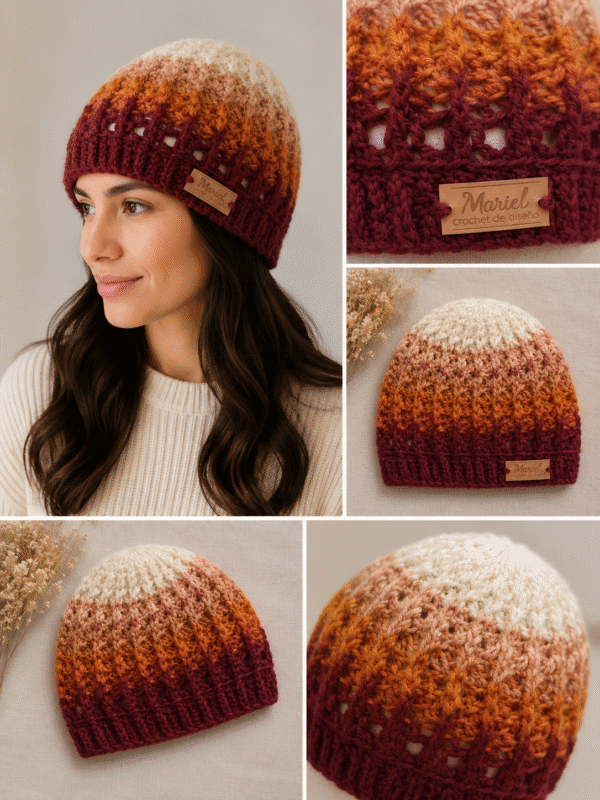 Gorro tejido a mano en lana Merino sedificada color combinados en bordo , mostaza, crudo y rosa