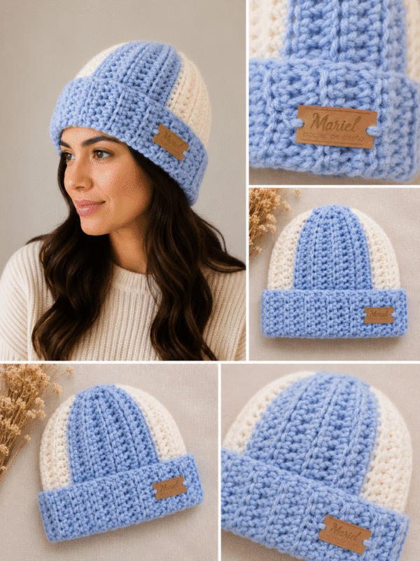 Gorro tejido a mano con los colores tradicionales de la selección argentina tamaño small. Realizado en cashmilon hipoalergénico