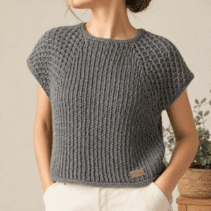 Chaleco tejido a crochet con delicadas texturas en color gris plomo. Lana Merino sedificada. Talle L