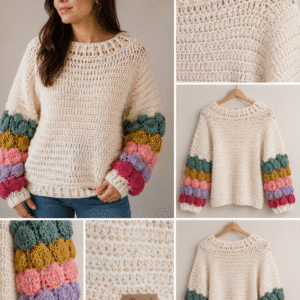 Sweater tejido a crochet con detalle en mangas con punto burbujas en color crudo de base y detalles multicolor es rosa, mostaza y crudo. Lana Merino sedificada. Talle M