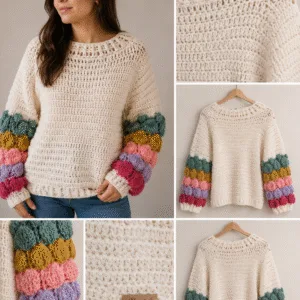 Sweater tejido a crochet con detalle en mangas con punto burbujas en color crudo de base y detalles multicolor es rosa, mostaza y crudo. Lana Merino sedificada. Talle M