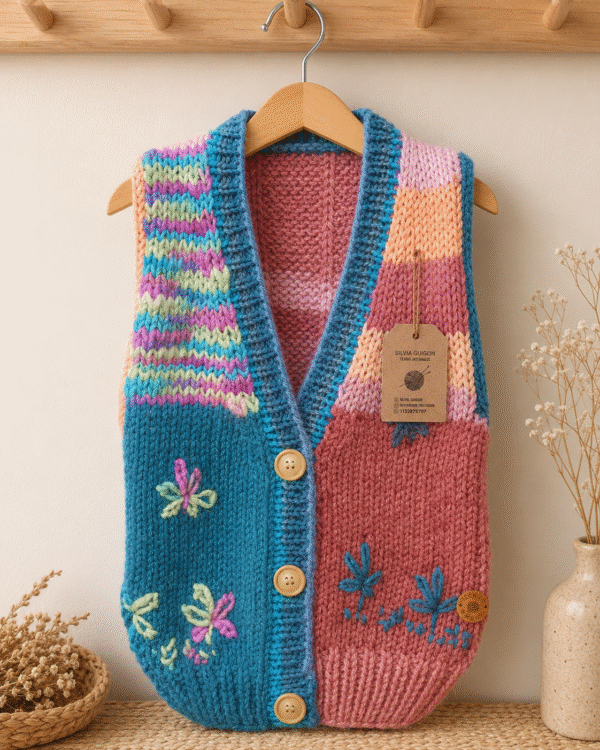 Chaleco infantil tejido a mano 5/6 años Multicolor-Florecitas-5/6 años