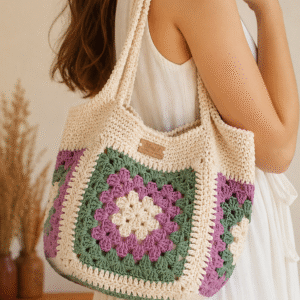 Bolso tejido en algodón color crudo, combinado con violeta y verde, interior forrado, manija tejida