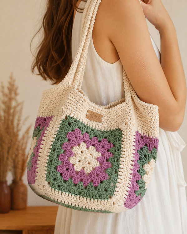 Bolso tejido en algodón color crudo, combinado con violeta y verde, interior forrado, manija tejida