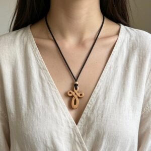 Colgante Cruz Infinita en madera tallada a mano- Amuleto de Fe, Eternidad y Protección