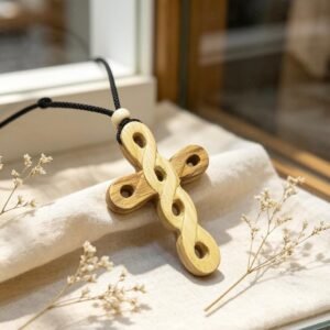 Cruz artesanal de palo santo, con tallado de inspiración celta