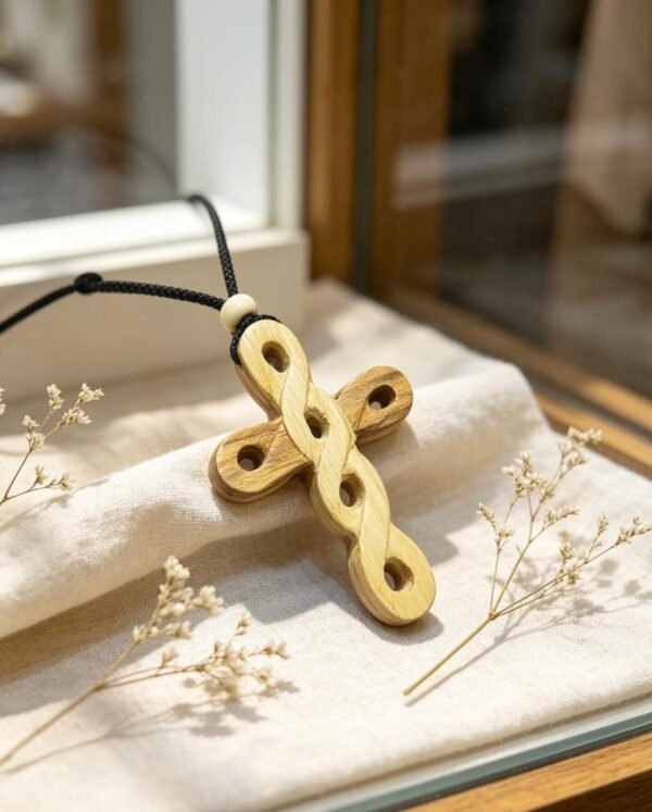 Cruz artesanal de palo santo, con tallado de inspiración celta