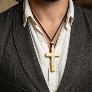 Colgante Cruz Cristiana en Madera de Álamo Tallada a Mano – Amuleto de Fe, Protección y Espiritualidad
