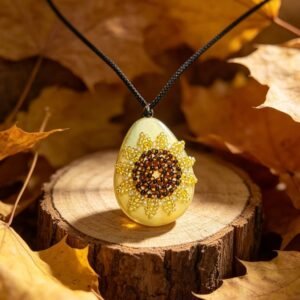 Colgante Girasol en Madera de Álamo con Mostacillas Checas – Amuleto de Alegría, Luz y Energía Positiva