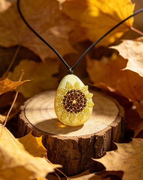 Colgante Girasol en Madera de Álamo con Mostacillas Checas – Amuleto de Alegría, Luz y Energía Positiva