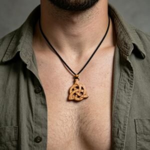 Colgante nudo Celta Triqueta en madera tallado a mano. Amuleto de protección y espiritualidad.