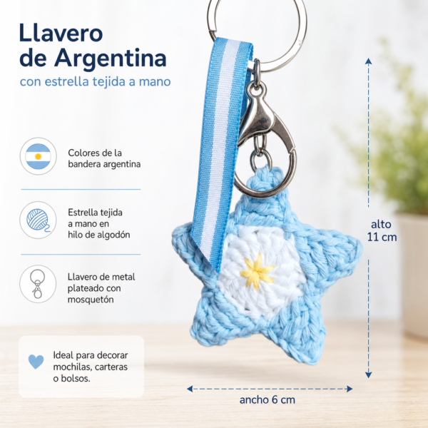 Llavero de Argentina con estrella tejida a mano.