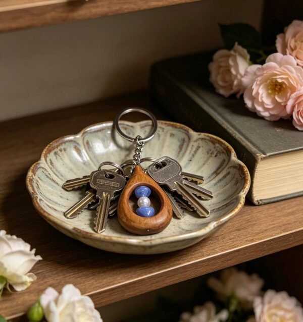 Llavero de madera en forma de gota con cuentas celeste y blanco