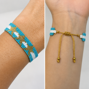 Pulsera celeste y blanco tejida en pequeñas mostacillas japonesas