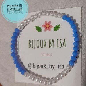 Pulsera bandera argentina con cristales facetados celestes y perlas blancas