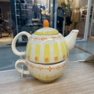 Set taza y tetera ceramica Diseño amarillo y naranja