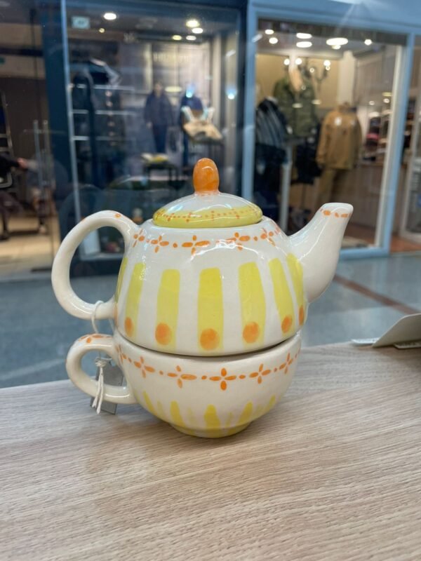 Set taza y tetera ceramica Diseño amarillo y naranja