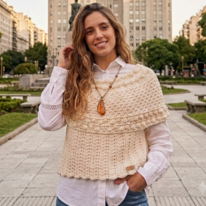 Capa poncho artesanal en color crudo tejida a crochet