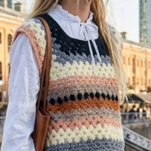 Chaleco tejido a crochet en lana Nevilan cuello color negro