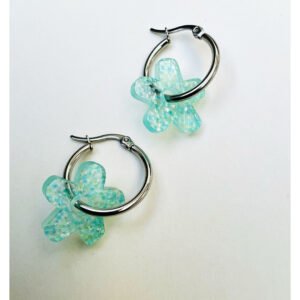 Aros Flo. Glitter celeste con argollas plateadas