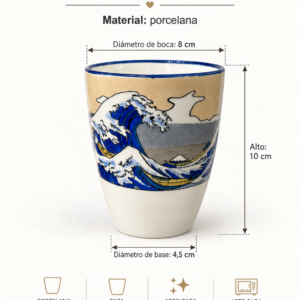 Vaso de porcelana La gran ola pintado a mano con borde azul