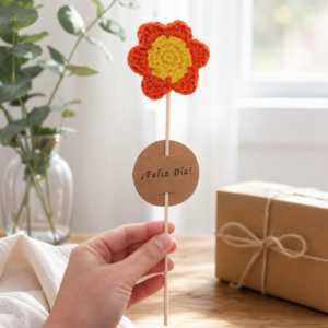 Flor tejida a mano con tarjeta de "Feliz Día"