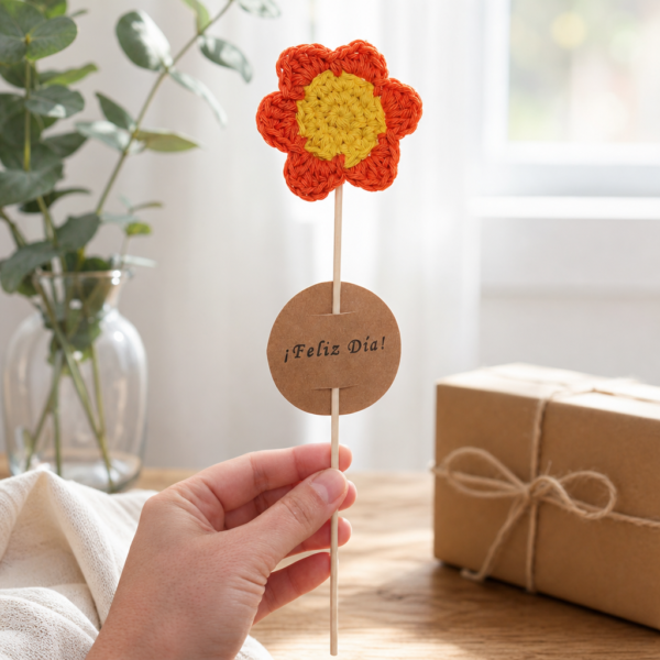 Flor tejida a mano con tarjeta de "Feliz Día"