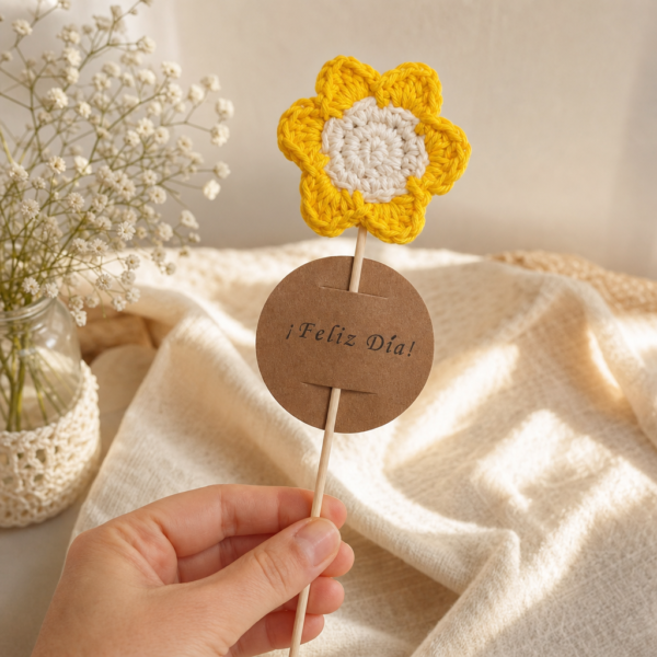 Flor tejida a mano con tarjeta de "Feliz Día".