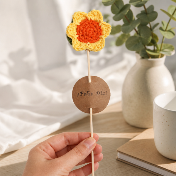 Flor tejida a mano con tarjeta de "Feliz Día"