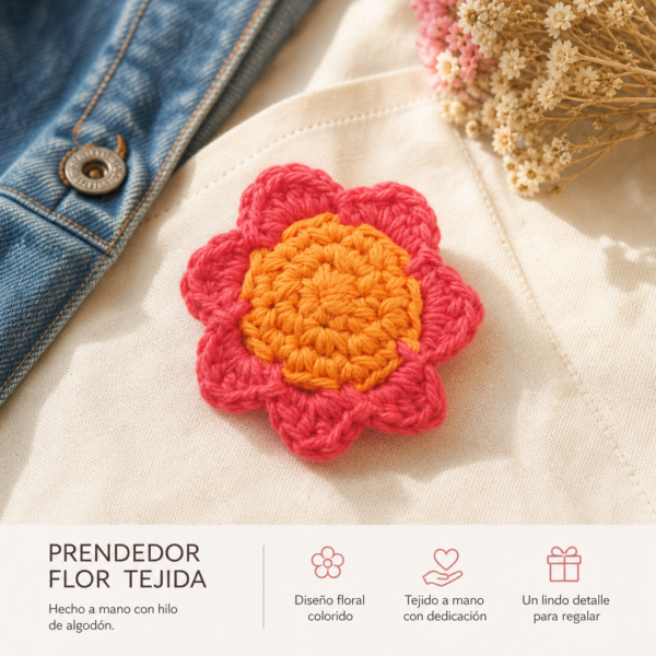 Prendedor con flor tejida a mano en coral y anaranjado