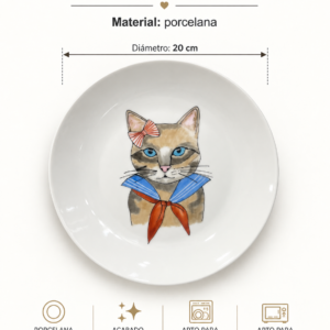 Plato playo motivo gato de porcelana pintado a mano