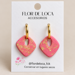 Aros rombo rosa hechos a mano con dije geométrico